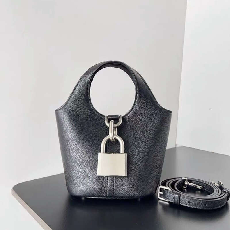 New Locker Lock Hobo Litchi Pattern Basket Bucket Bag First Layer Cowhide Single Shoulder Handbag