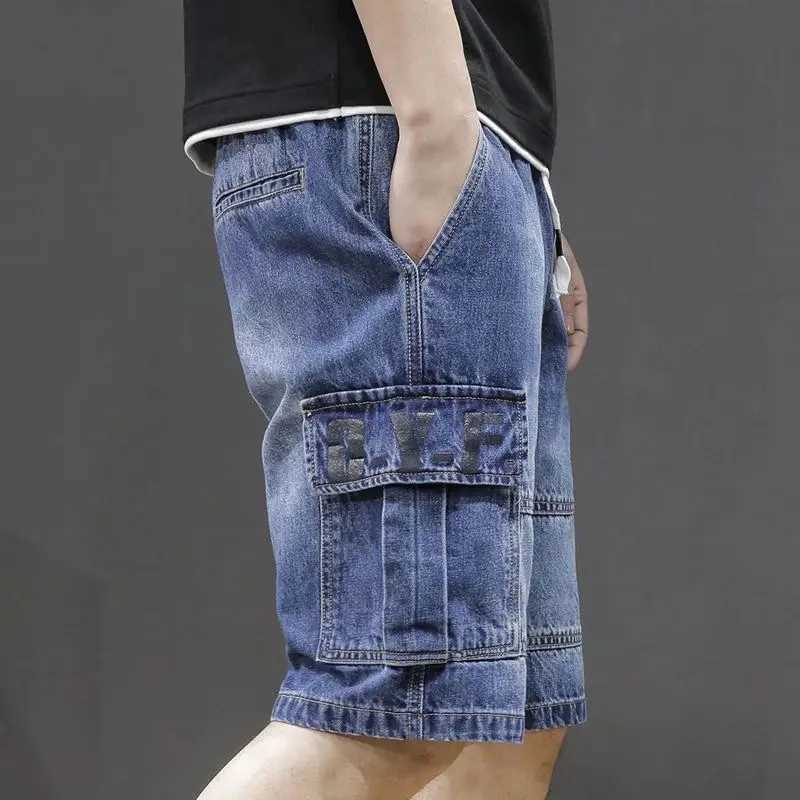 Mens Short Jeans Pants Straight Drawstring with Text Male Denim Shorts Cargo Sale Y2k Fashion Summer Thin Jorts Trend 2024 XL T250603