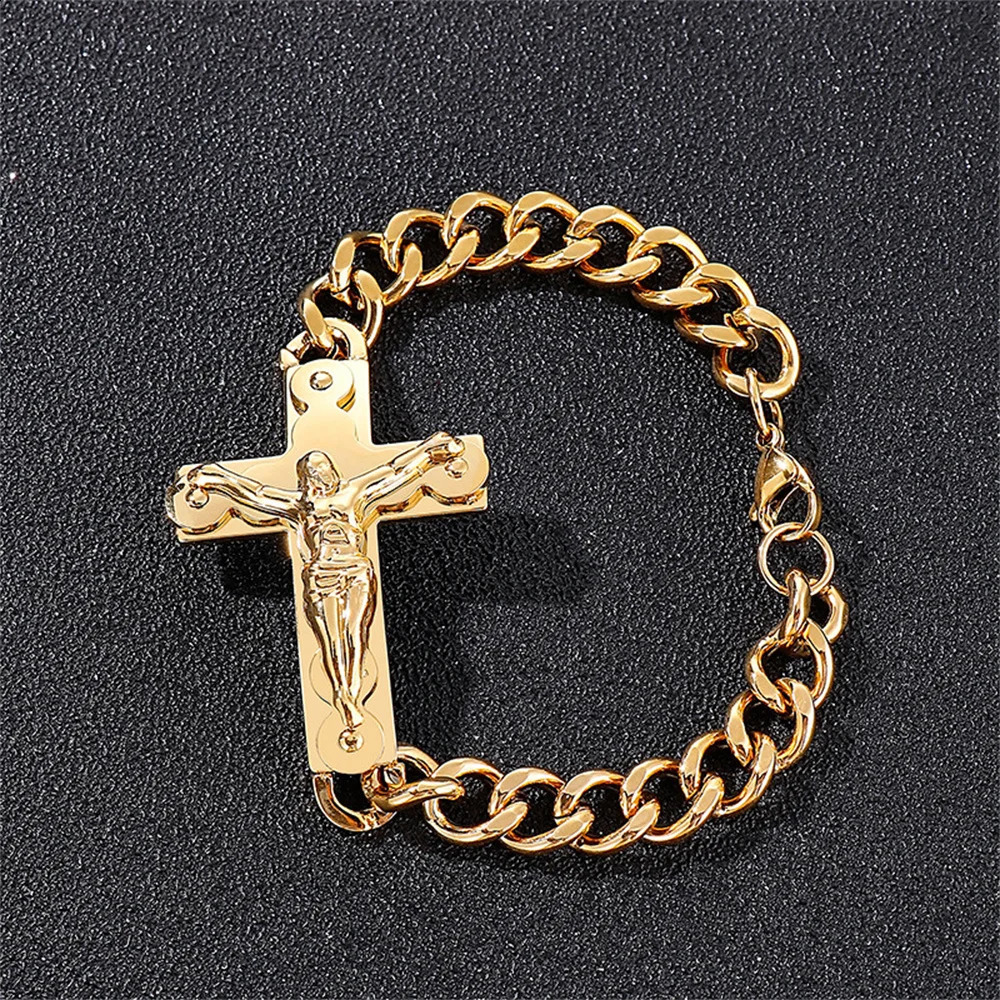 Punk Crucifix Jesus Cross Charm Bracelet Male Gold Color Stainless Steel Cuban Hand Chain For Men Fashion Party Jewelry Gift 250530