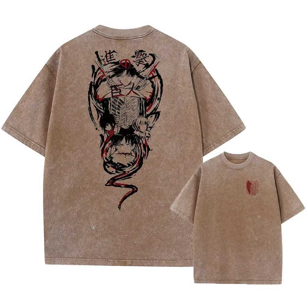Anime Attack on Titan Eren Jaeger Printed T-shirt Men Vintage Washed Tshirt Manga Casual T Shirt Harajuku Male Cotton Tops W250603