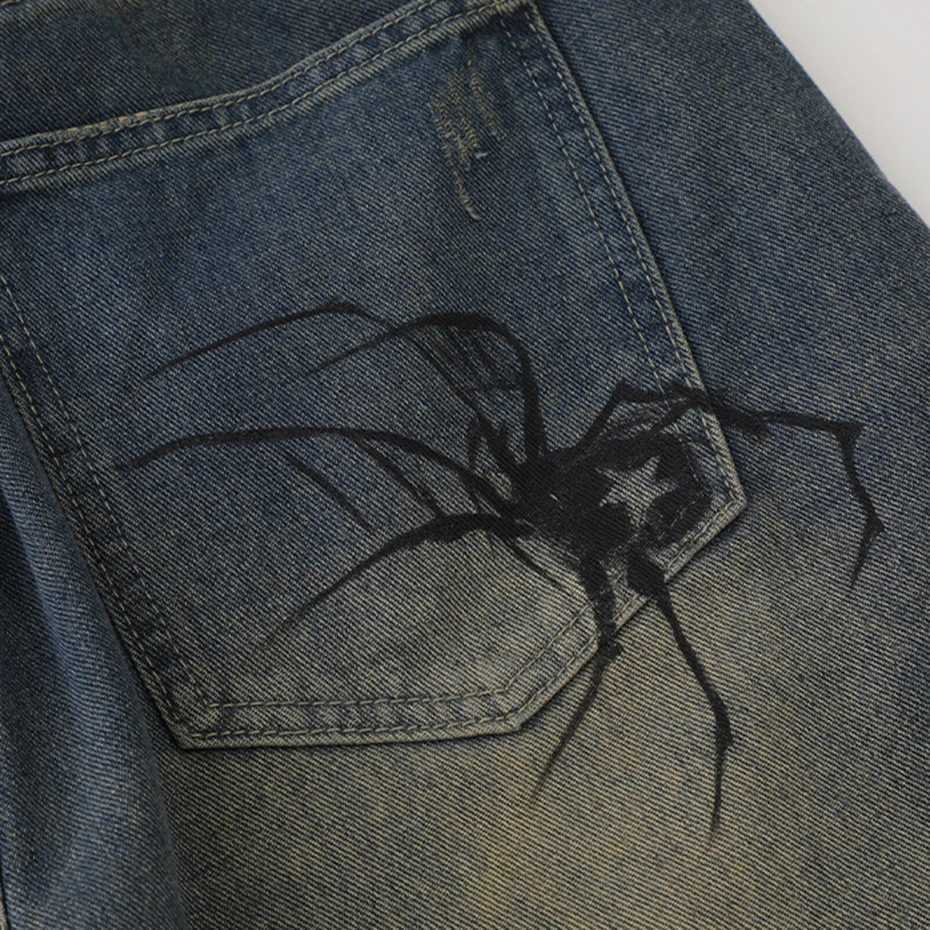 Y2K Blue Denim Shorts Spider Cobweb Printed Summer Loose Casual Jeans Shorts Fashion Harajuku Hip Hop Streetwear Shorts for Men T250603