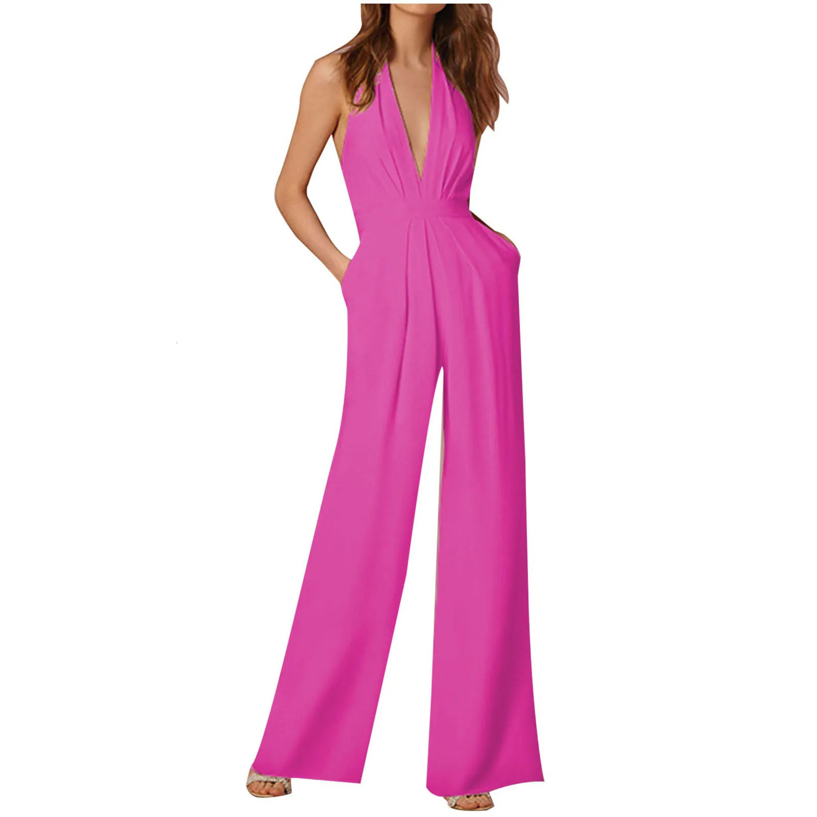 Sexy V Neck Women Jumpsuit Solid Color Party Halterneck Rompers With Pocket Summer Sleeveless Wide Leg Long Jumpsuits Streetwear 250603