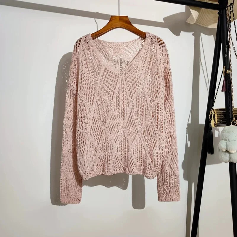 Pullovers Women Pointelle Knit Top Long Sleeve Semi-Sheer Sweater Jumper Spring Summer Fairycore Outfit 250603