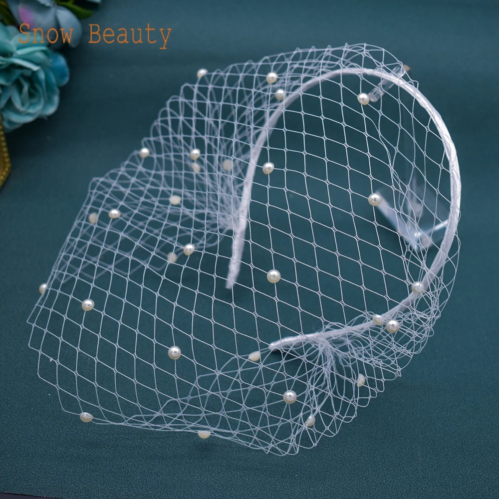 JM20 White Pearl Wedding Birdcage veil with Headband Face Net Mask Veils Charming Fascinator Blusher Veil Tulle Cage Veils 250530
