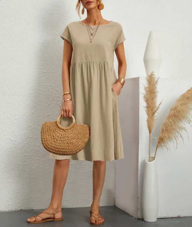 Cotton Linen Dress For Women Summer Casual Splicing Pocket Dresses Vestido Fashion Female Clothing Short Sleeve Loose Midi Dress 250529