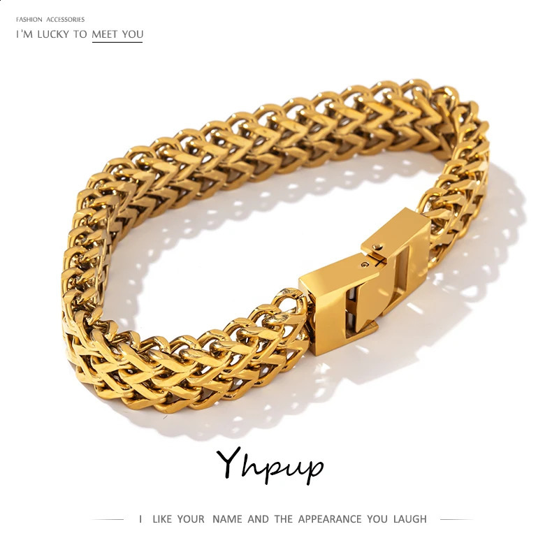 Yhpup Unisex Jewelry Stainless Steel Cuban Link Chain Bracelet Bangle Man Women Plated Gold Heavy Metal Waterproof Men 250530