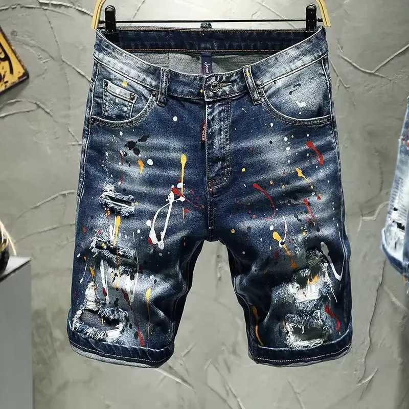 Fashion Luxury Brand Korean Streetwear Ink Dot Hand-decorated Mens Jeans Y2K Vintage Slim Ripped Jorts Distressed Denim Shorts T250603