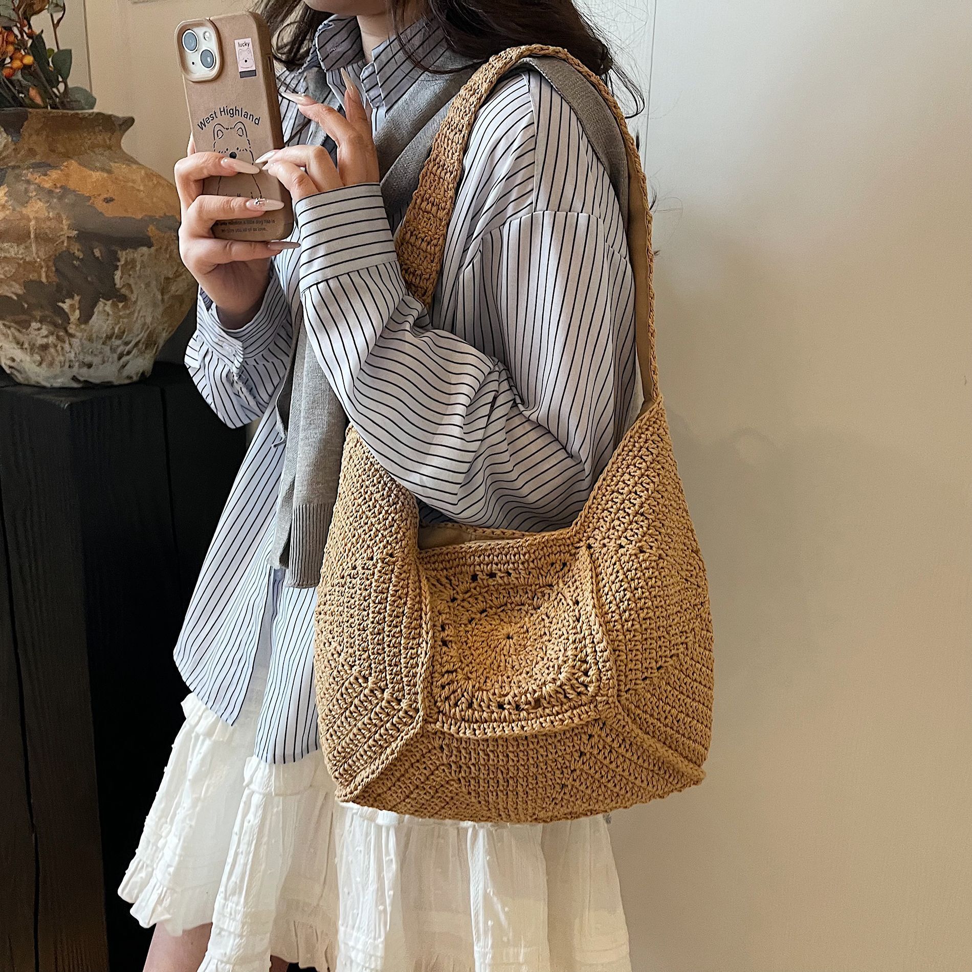 designer High-End Large Capacity Cotton Woven Shoulder Bag Hollow Out Straw Bag Vacation Style Beach Bag Versatile Tote Women's Bag