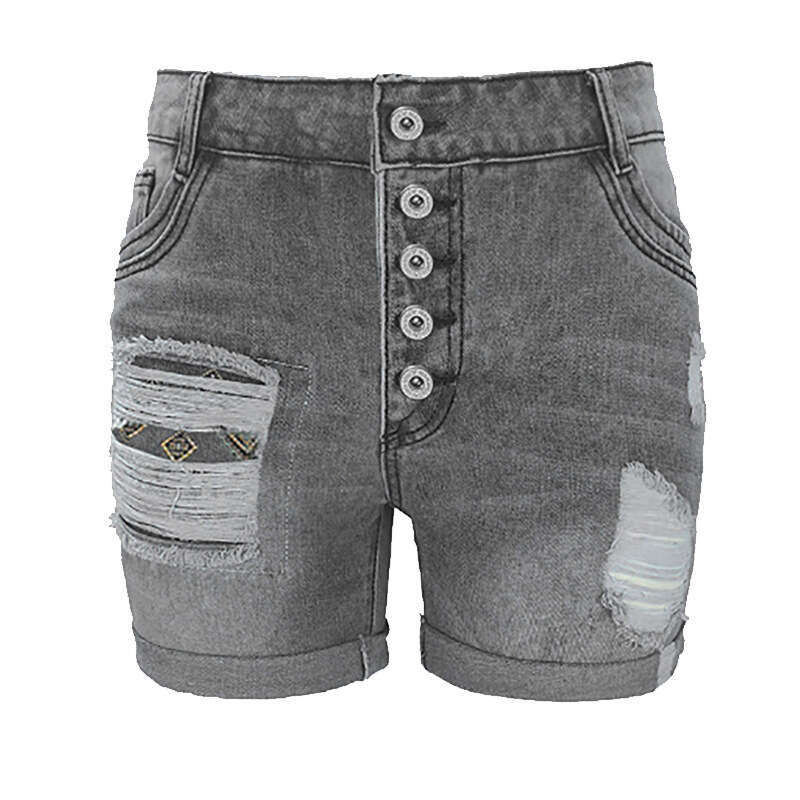 Slim Fit Single-Breasted Ruffled Pocket Rolled Hem Straight Casual Denim Shorts B5