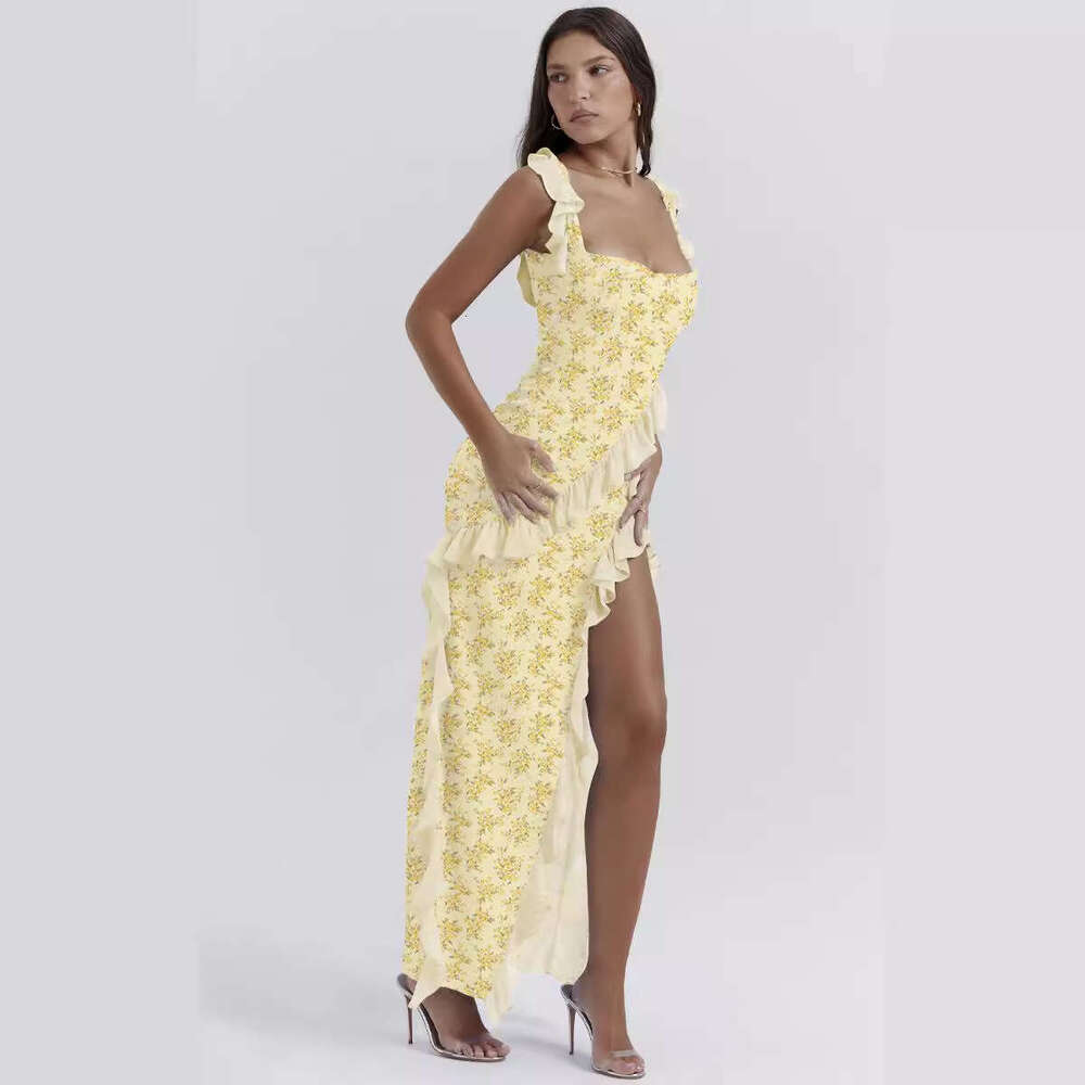 Summer New French Style Spaghetti Strap Ruffle Design Sexy Split Long Dress For Women B5
