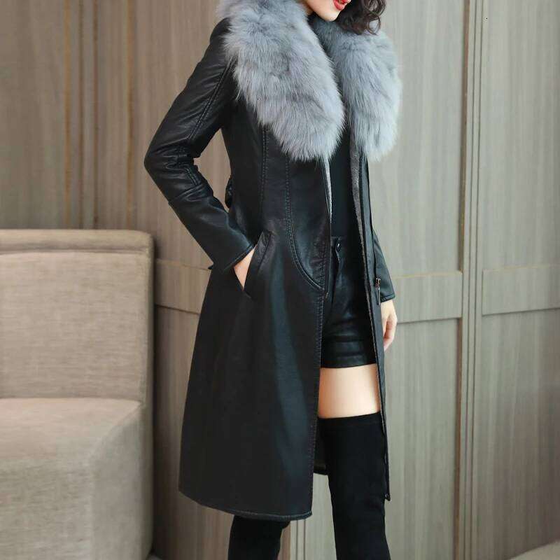 Winter Faux Fur Collar Leather Long Loose Coats Coat Female Jacket Parka Women Femme Rabbit Mink Sheepskin Fashion Fox