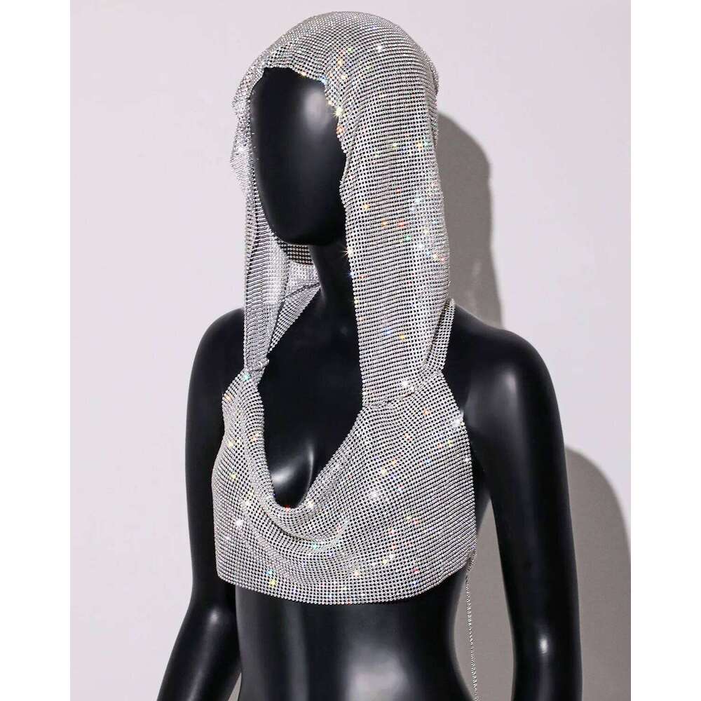 Women Sexy Mesh See Through T Shirt Shiny Rhinestone Fishnet Hollow Out Crop Top Sleeveless Beach Cover Up Party Club Tank Tops
