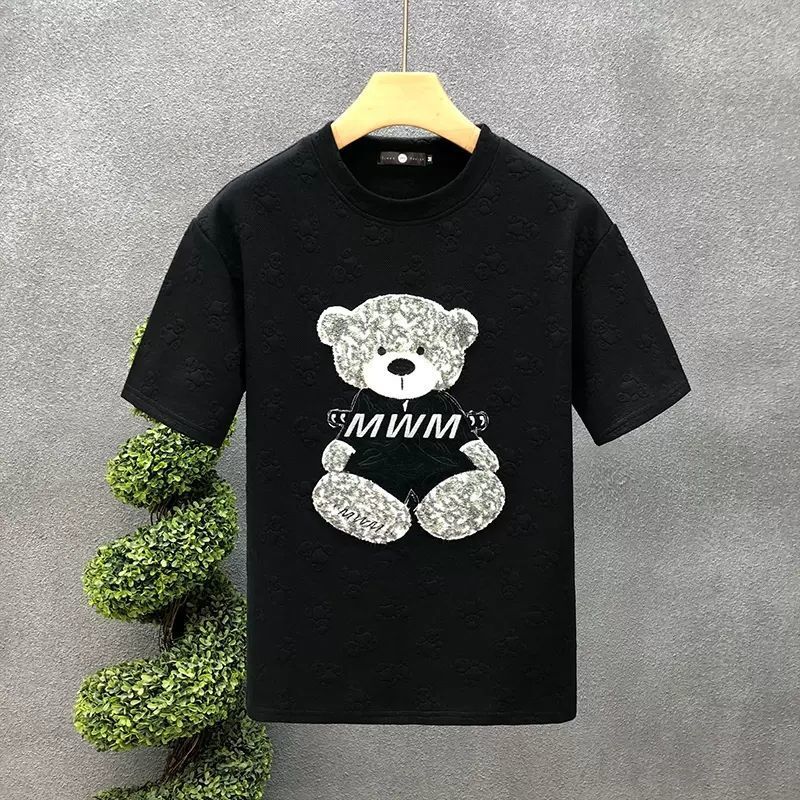 2025 Summer New T-shirt New Bear Pattern Embroidered Short Sleeve T-shirt for Men Youth Fashion Round Neck T-shirt for Men Cartoon Designer Short Slee
