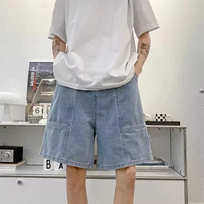 Summer Retro Blue Casual Spliced Denim Shorts For Men Harajuku Hip Hop Fashion Baggy Jorts Y2K Streetwear Straight Bermuda Jeans T250603
