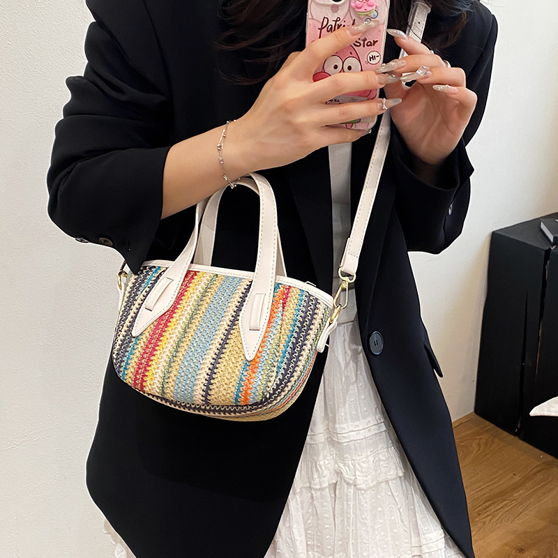 designer Summer Rainbow Striped Straw Bag for Women New Fashion Commuter Shoulder Bag Woven Beach Vacation Bucket Bag