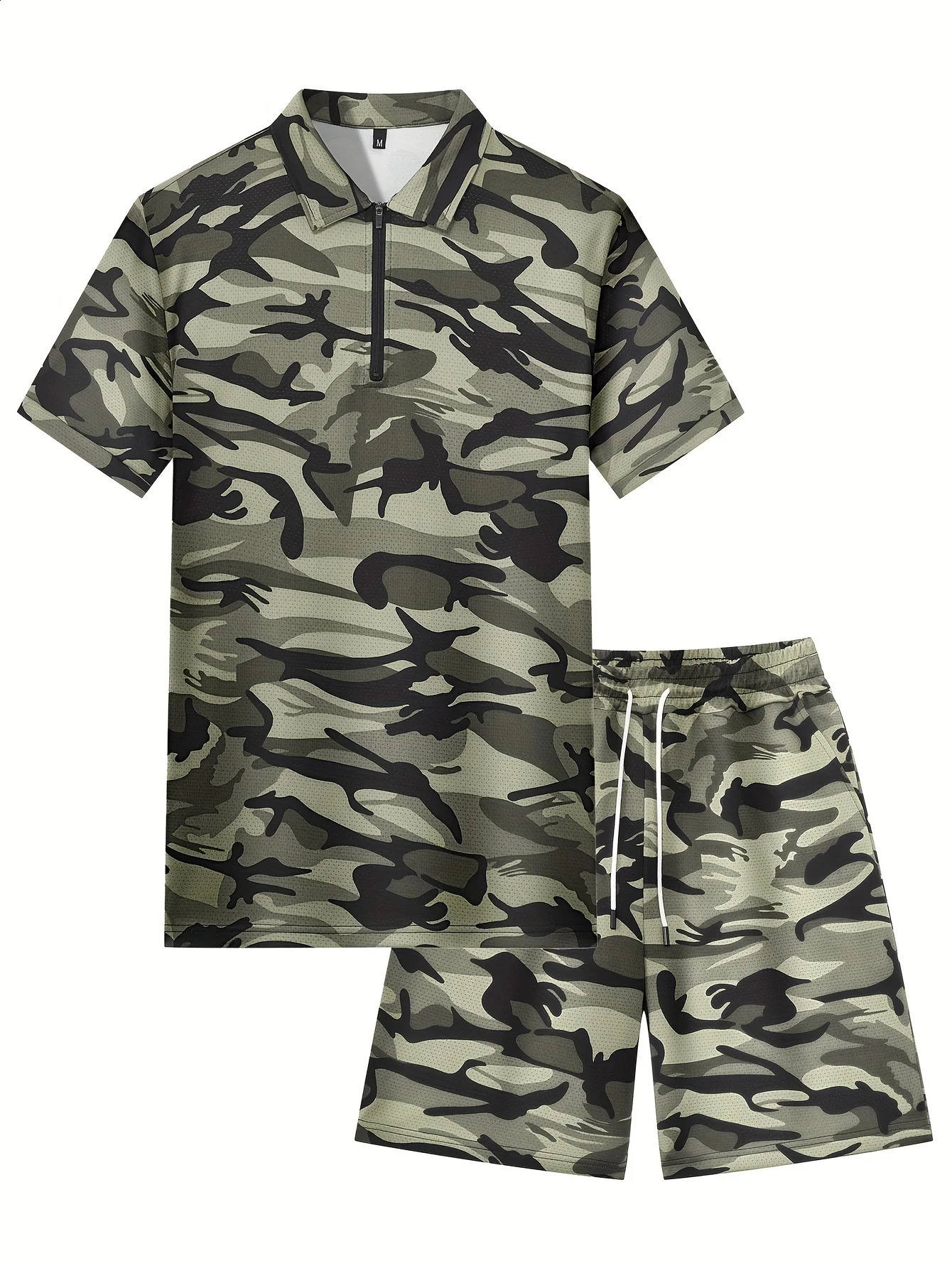 Mens Camouflage Two Piece Set Summer Daily Zipper Polo Shirt And Drawstring Shorts Outfit Loose Breathable Quick Drying Clothes 250530