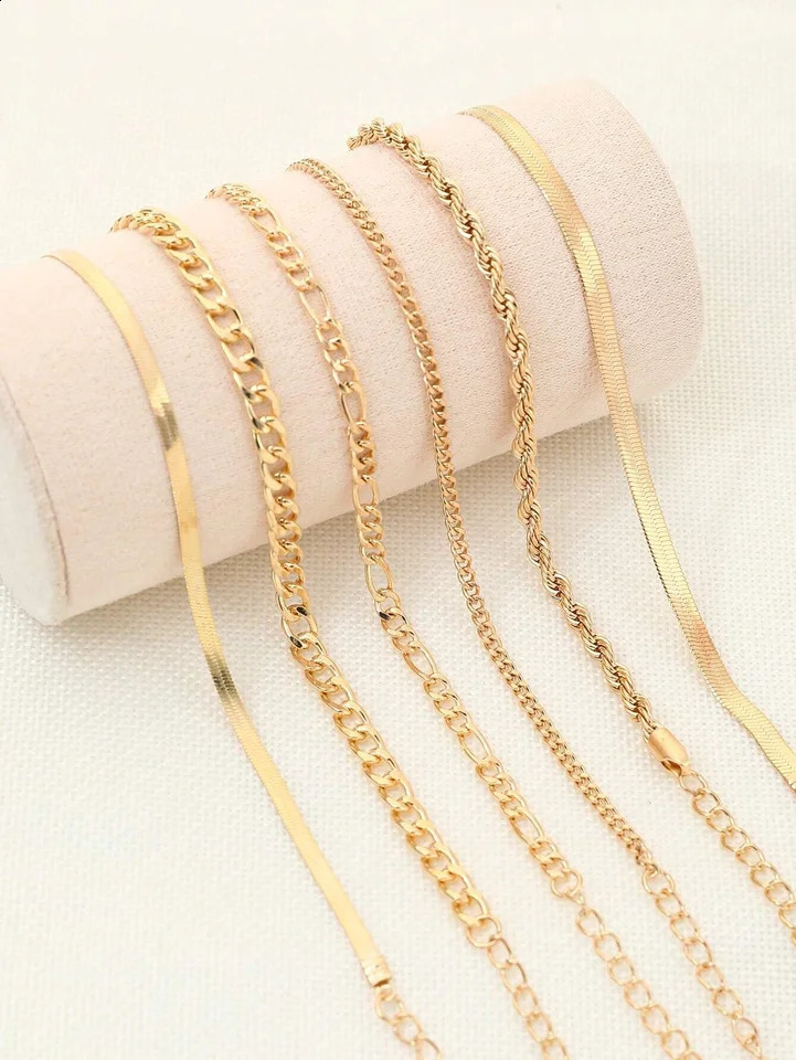 6pcs Punk Style Simple Cold Tone Chain Fashion Bracelet Set Suitable For Womens Daily Wear 250528