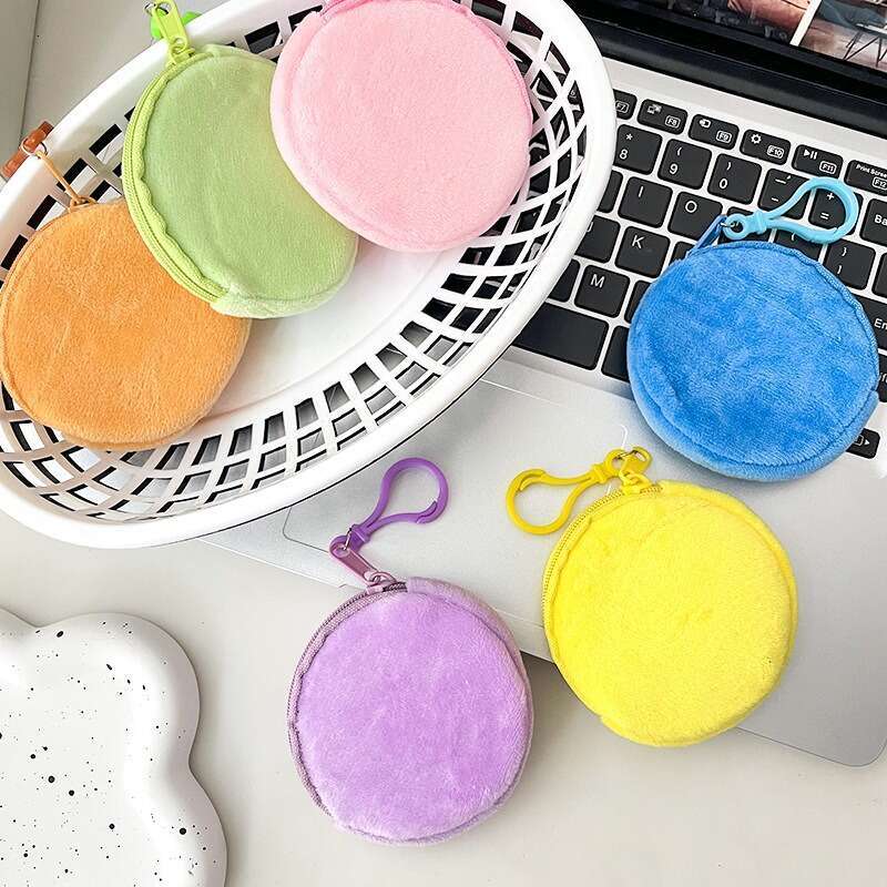 Cute Wallet ID Card Holder Keychain Simple Gift Candy Color Plush Round Women's Coin Purse