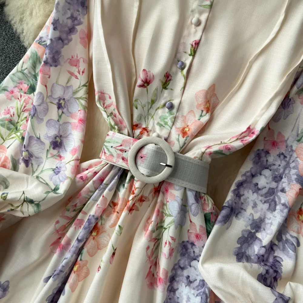 Neploe Elegant Lantern Collar Stand Collar Sweet Dress Print Belt Big Swing Patchwork Vestidos Slim Fit French Style Moda Robe 250530