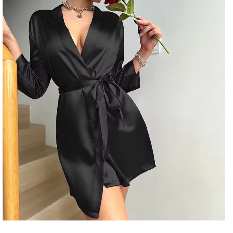 Pajamas women summer European and American ladies lace-up bathrobe sexy morning gown home dress can wear ice silk robe 250519CJ