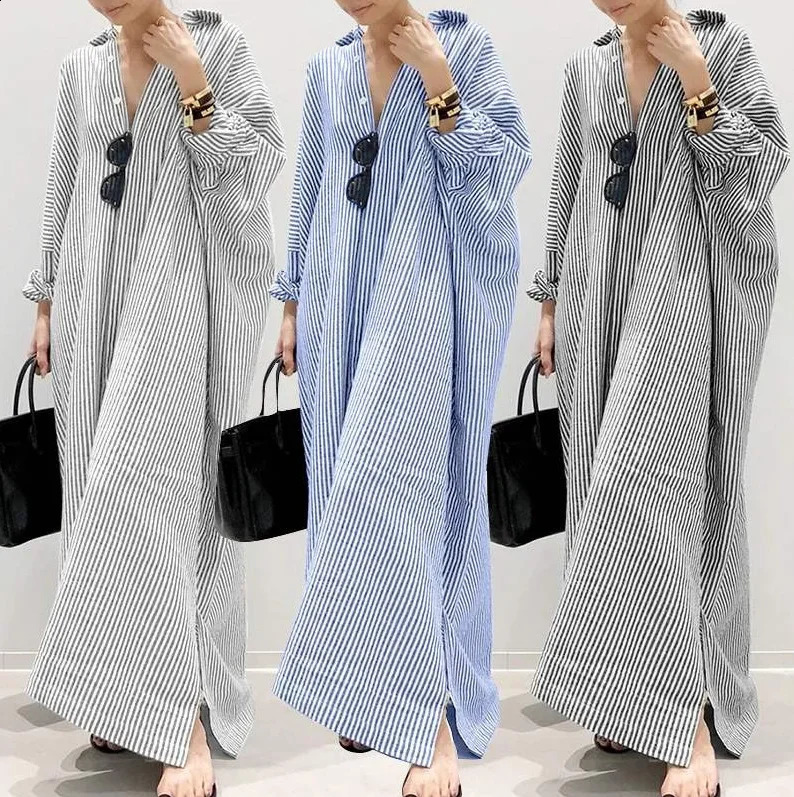 Loose Large Size Striped Cotton Linen Open Cardigan Commute Irregular Dress Elegant Atmosphere Cross-Border Original Single 250529