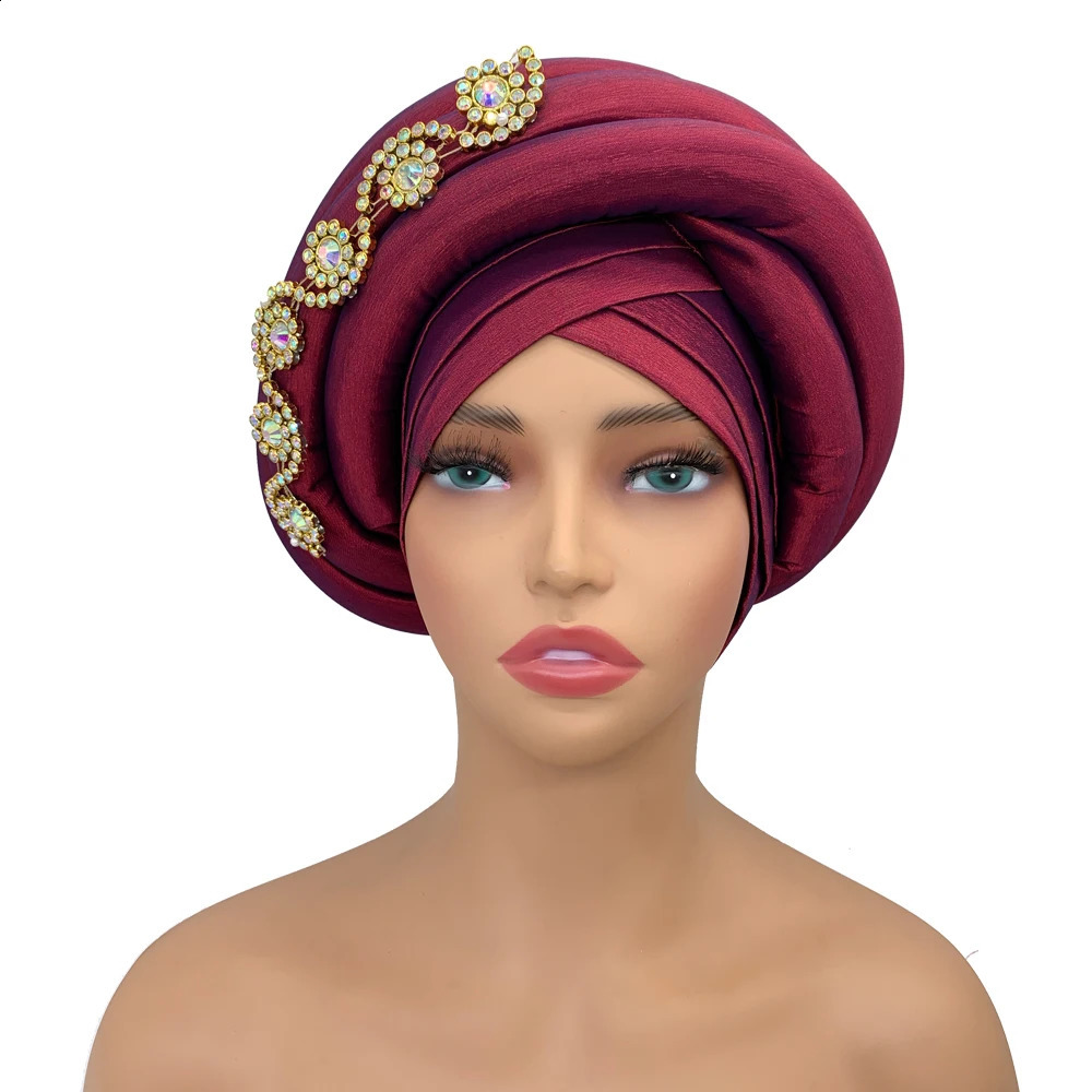 Twisted Braid Turban Cap for Women African Lady Head Wraps Diamonds Nigeria Raw Silk Autogele Headtie Muslim Hat Party Headwear 250530