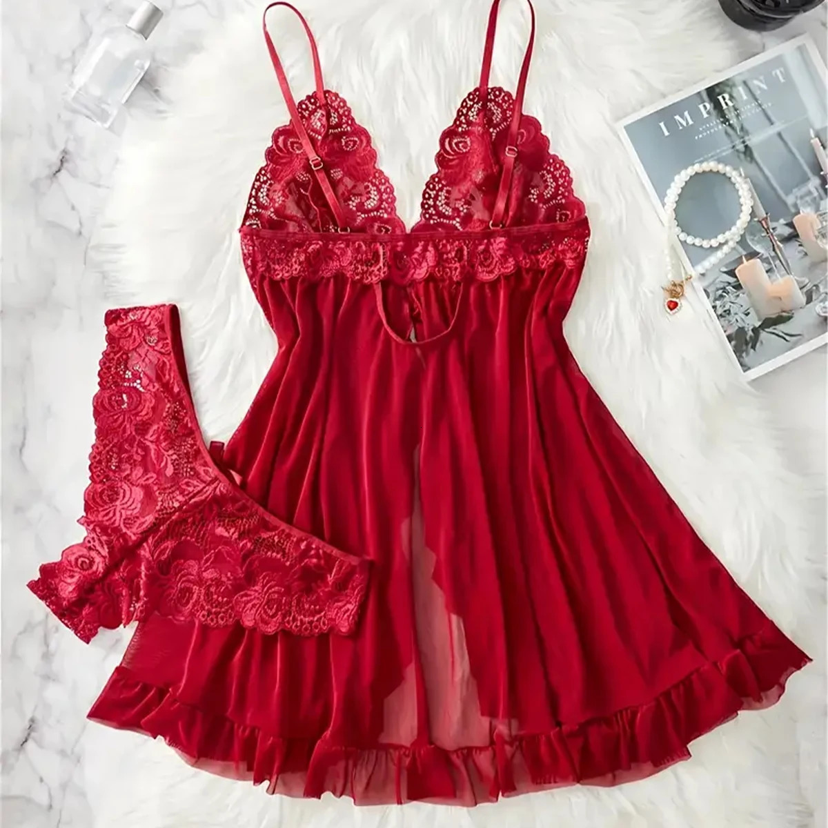 Exotic Cotumes Transparent Dress Erotic Pajamas Set Lace Sleepwear For Women Babydoll Sexy Lingerie Nightdress Open Bra 250603