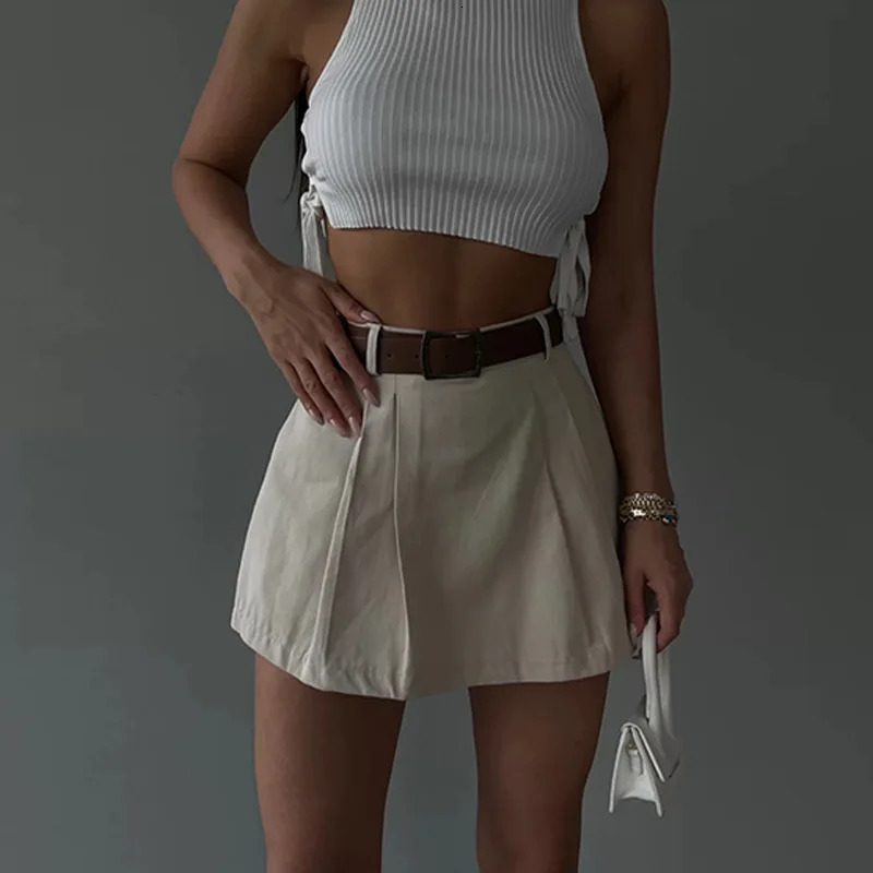 Retro Solid Color Womens Shorts Skirt Spring Casual Womens High Waist Pleated Mini Skirt Womens Street Slim Shorts Belt 250603
