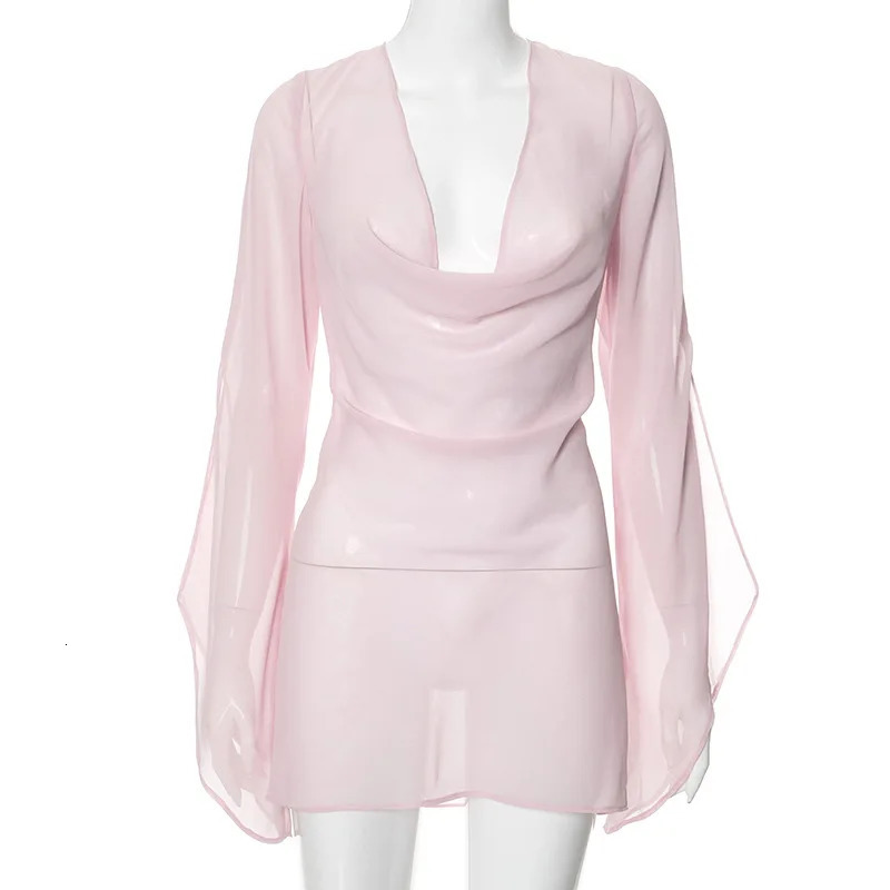 Gtpdpllt Perspective Womens Dress Summer Long Sleeve Swinging Collar Chiffon Backless Sexy Party Dresses Clubwear Outfits 250603