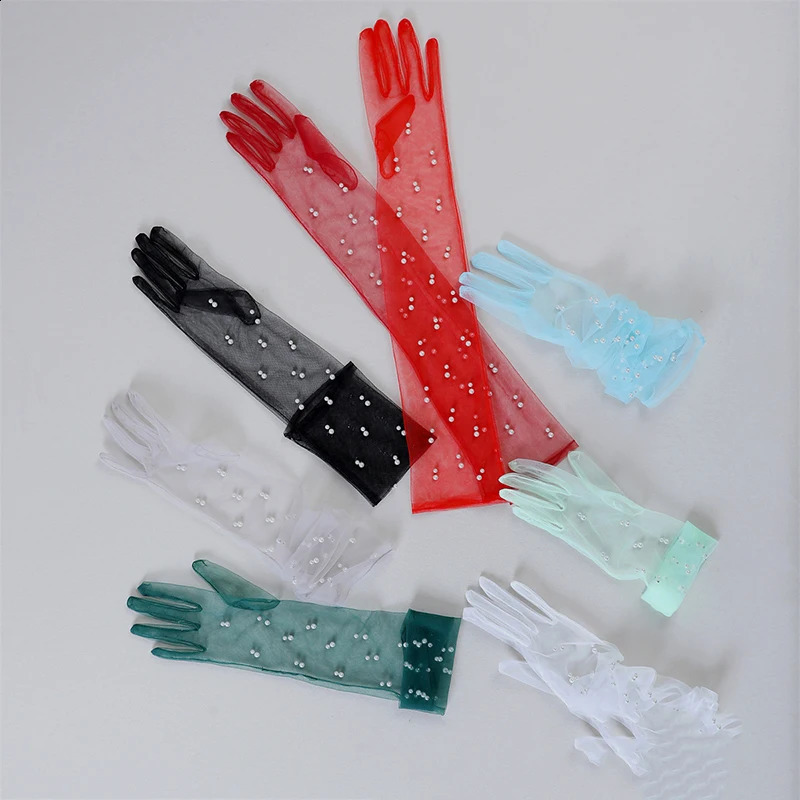 55 cm Transparent Wedding Gloves Pearls Long Elbow Mittens Mesh Arm Covers Women Party Bridal Dress Accessories Po Props 250530
