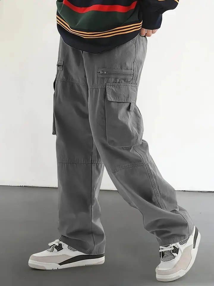 Mens Regular Plain Outdoor Overalls with Drawstrings and Large Flap Pocket Pants Personalized Zipper Suitable for Holiday Street Daily Leisure Mountai