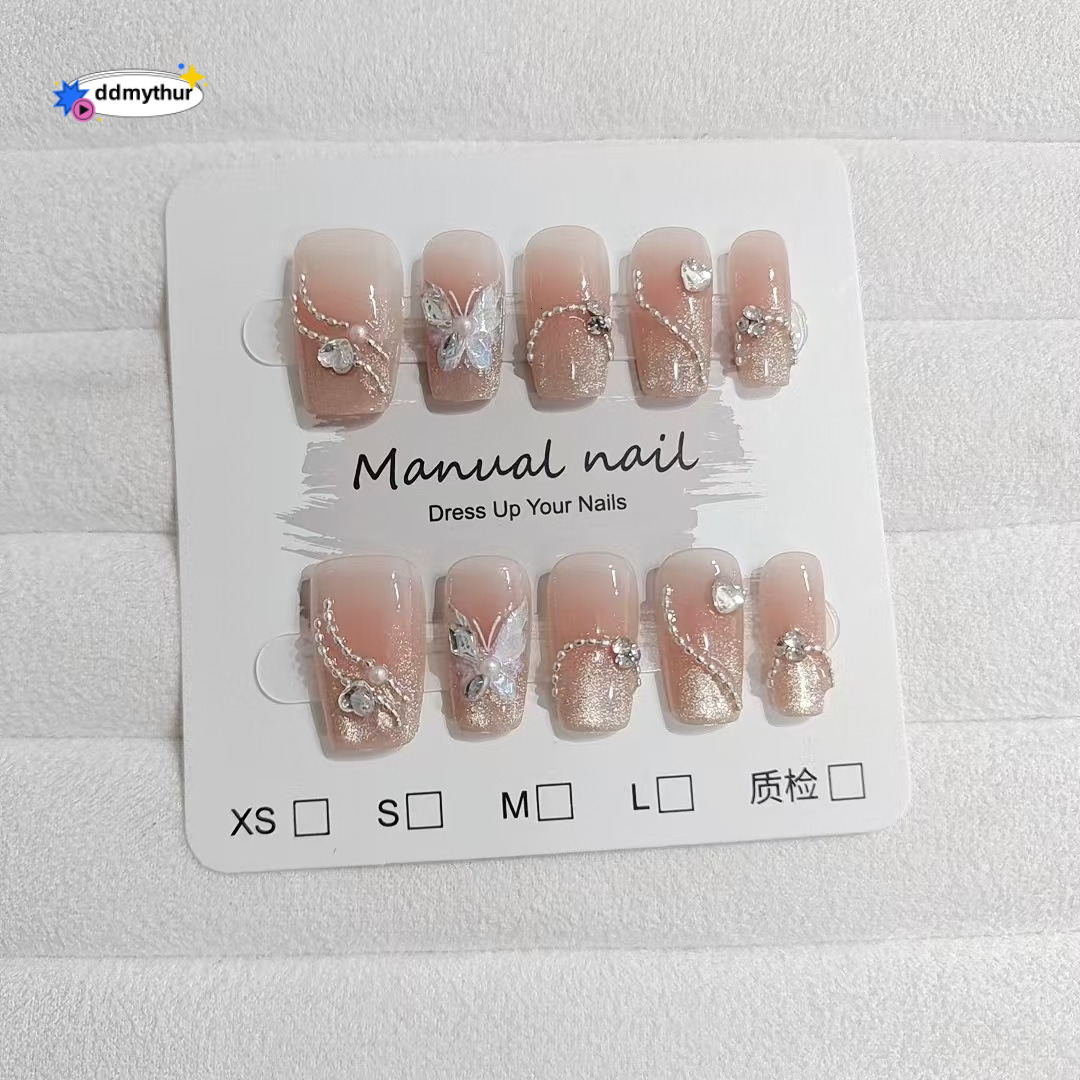 Wearable Nails 10 Pieces S200 Pearl Curtain Dream Short Ladder Butterfly Crushed Dia Glitter Chain Brightening Temperament Nail Art Finished Products 