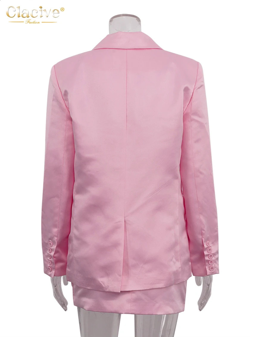 Clacive Fashion Loose Pink Satin 2 Piece Sets Women Outfit Elegant Long Sleeve Blazer With Mid Waist Mini Skirts Set Female 250530