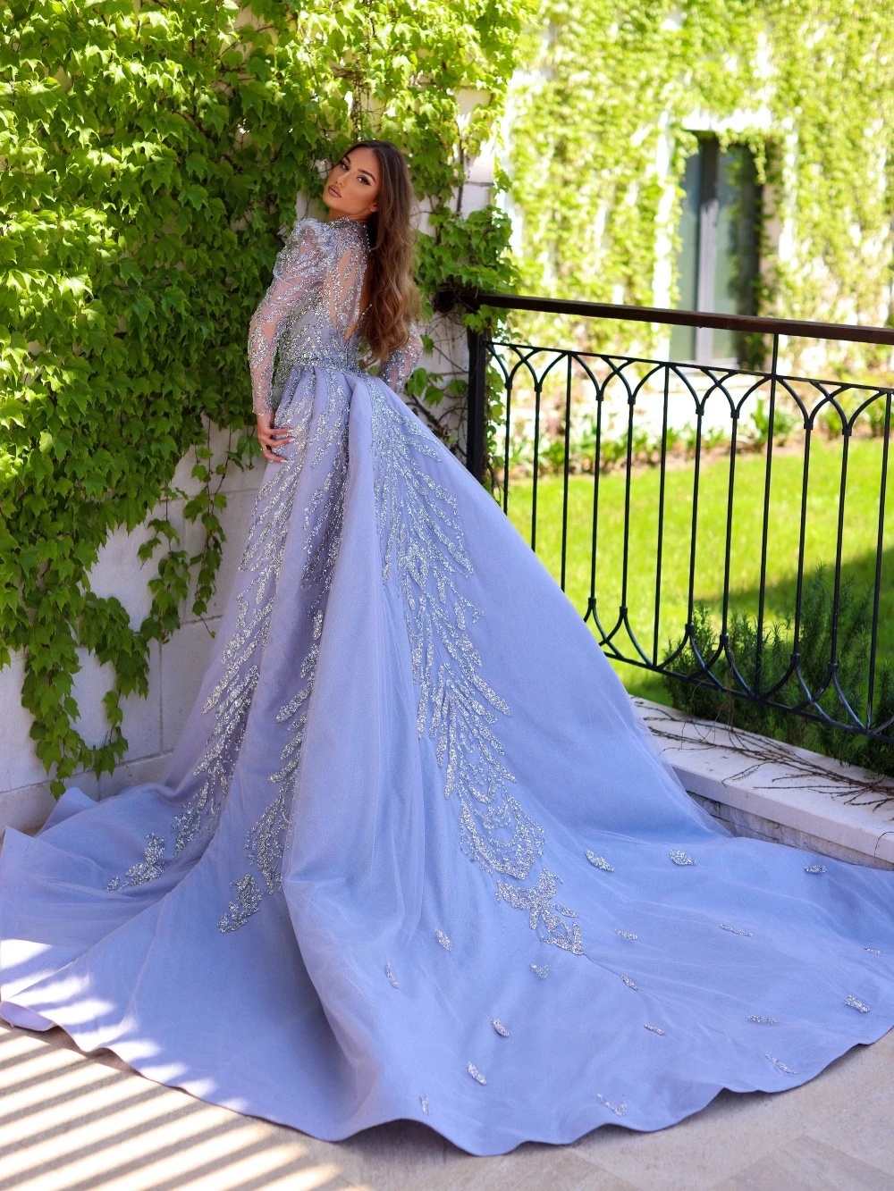 Stylish Evening Dresses Sequins High Neck Prom Dress with Detachable Train Backless Mermaid Princess Long Sleeves Party Gowns Vestidos De Noche