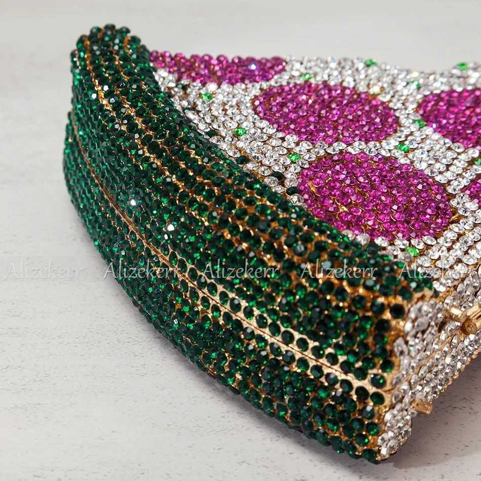 Alizekerr Pizza Shaped Diamond Evening Clutch Bags 2024 New Gorgeous Unique Metallic Watermelon Rhinestone Purses Wedding Party Z250603