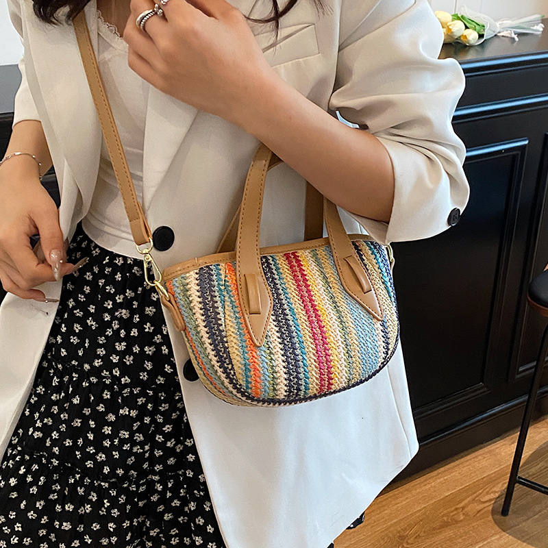 designer Summer Rainbow Striped Straw Bag for Women New Fashion Commuter Shoulder Bag Woven Beach Vacation Bucket Bag