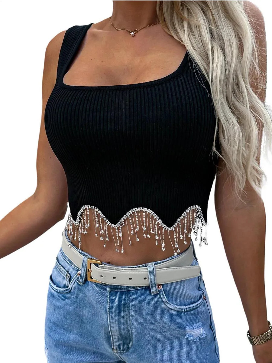 Women Camisole Sleeveless Square Neck Tasseled Rhinestones Fit Summer Tops for Party Club 250529