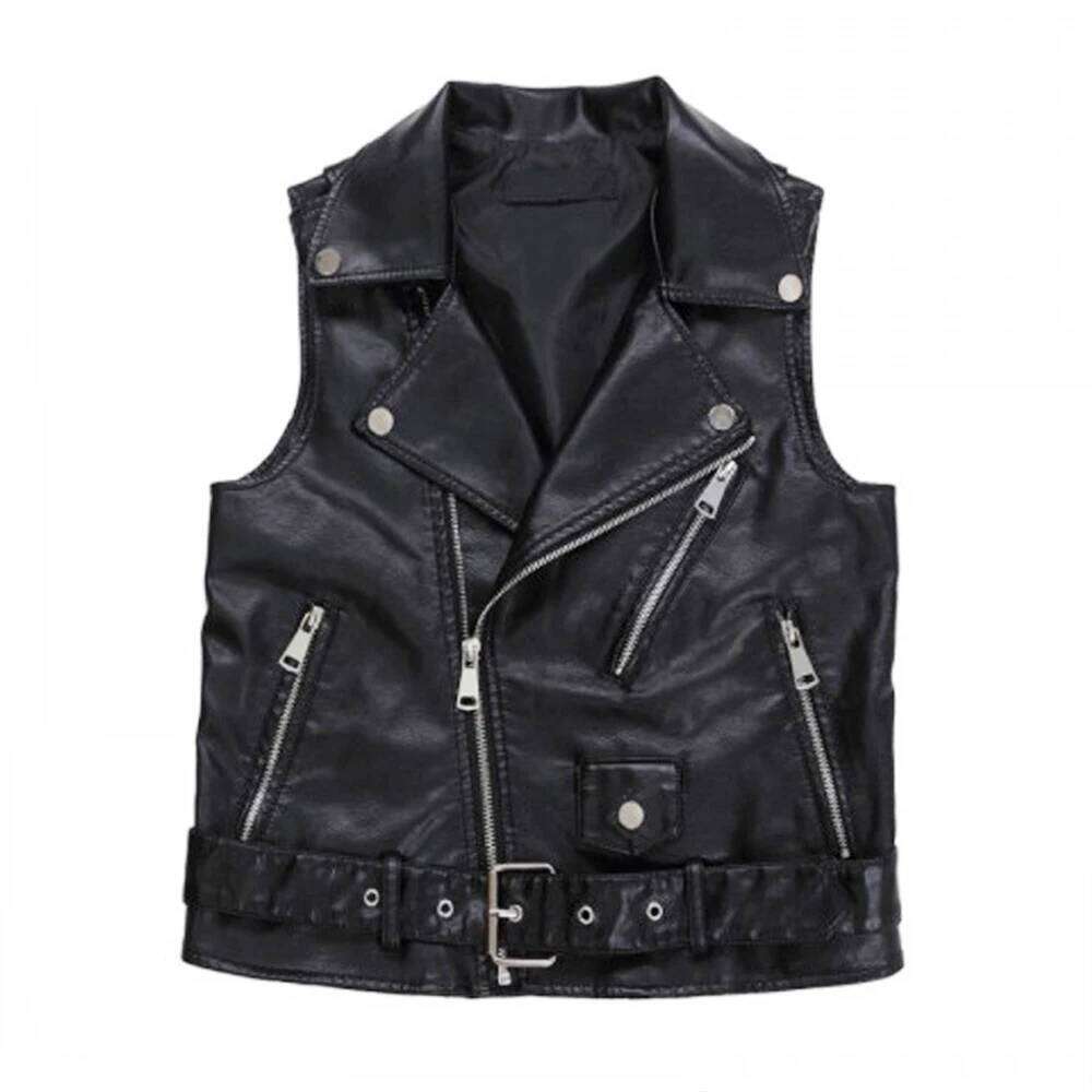 Short PU leather sleeveless Biker Jacket Cool Tank Top V-Neck Outer Wearing Vest Tops