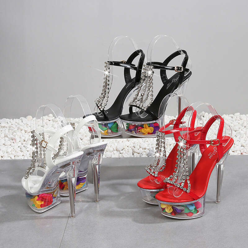 Super High Heels Runway Sexy Crystal Super High Heels Sandals Transparent Flower Waterproof Platform Chain Tassel Rhinestone Women's Shoes Platfo
