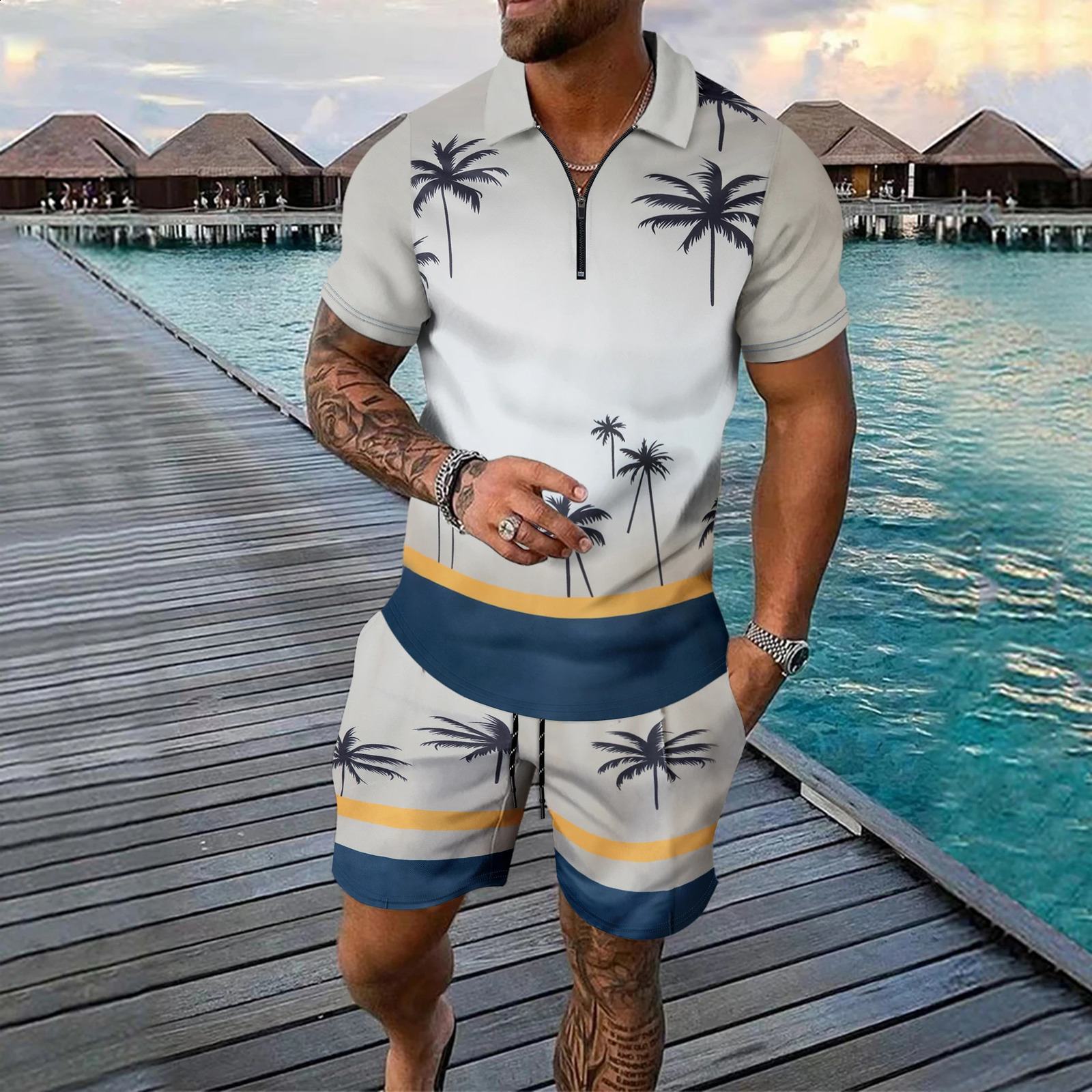 Fashion 3D Coconut Tree Print Mens Sets Short Sleeve Polo Shirts Shorts 2 Piece Outfit Summer Casual Zip Tees Street Suit 250530
