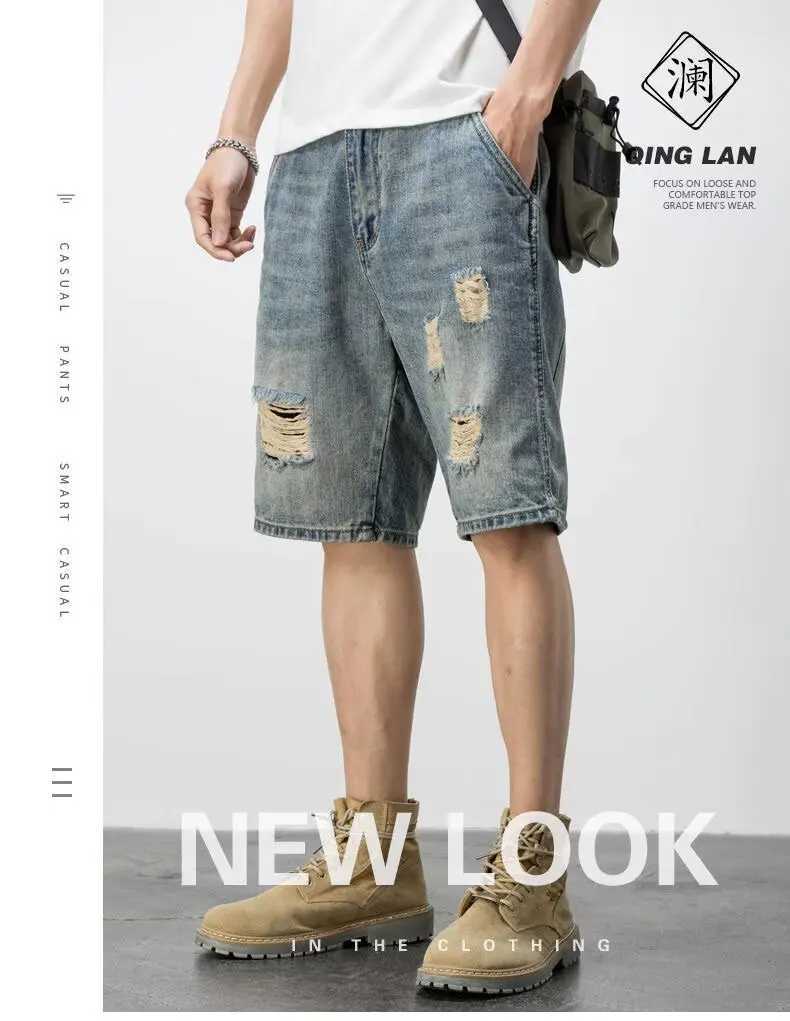 Mens Summer Thin Denim Shorts Trendy Loose Straight Five Part Pants Mens Trendy Brand RipT250603