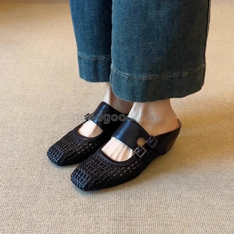 designer sandals retro heels half slippers women square head woven breathable hollowing sandal black white sandale elegant daily walk med heel women s