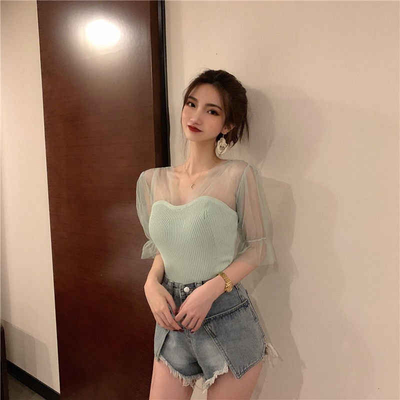 2025 Spring Summer New Women's T-shirt Summer New Mesh Short Top Design Novelty Black V-neck Puff Sleeve Knitted Short Sleeve Solid Color Versati