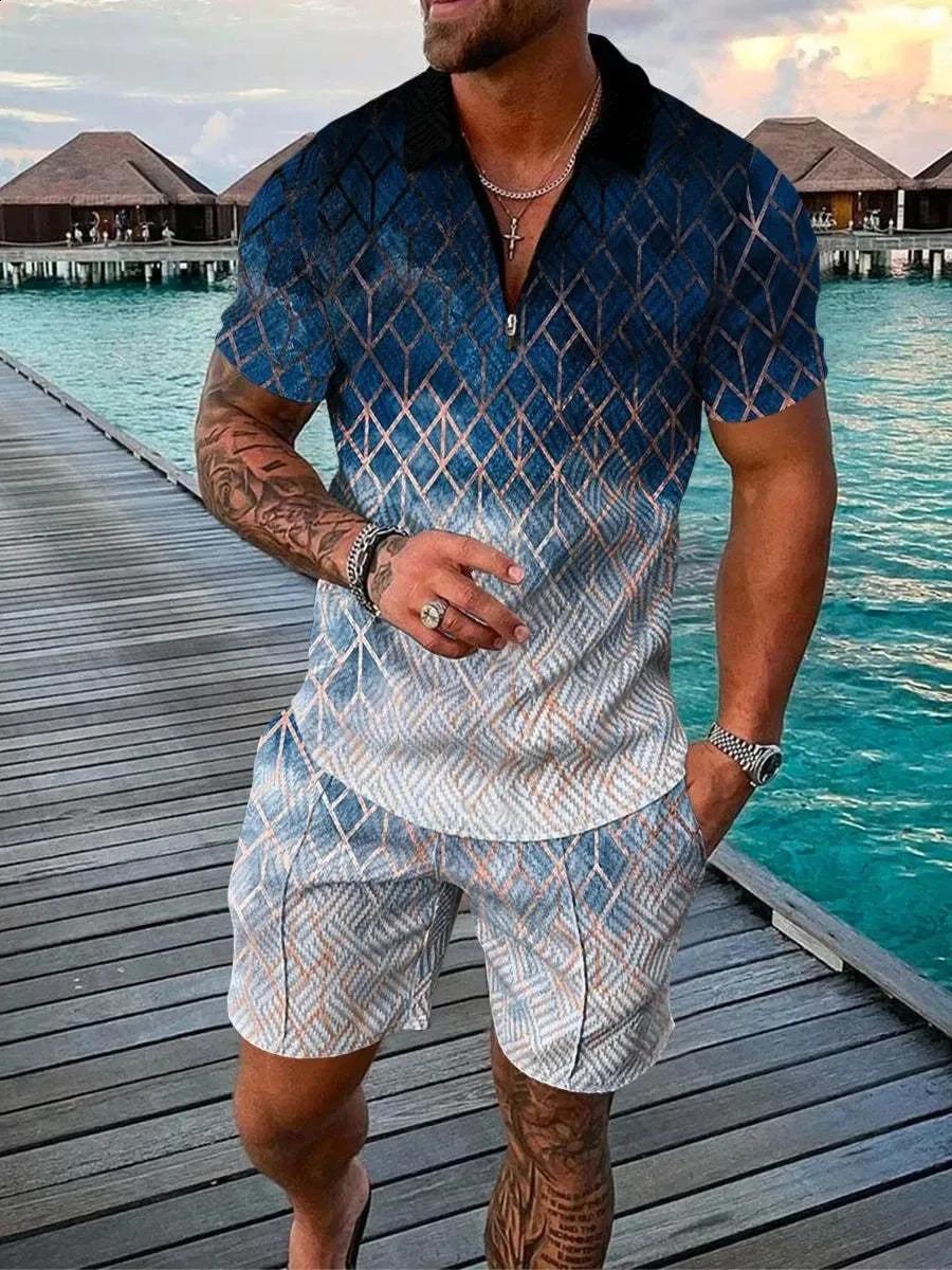 Abstract Pattern 3D Print Polo shirts 2pcs Set Zipper Lapel Sets CollarShorts Hawaii Holiday Style Man Clothes 250530