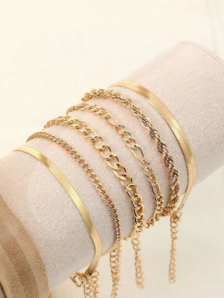 6pcs Punk Style Simple Cold Tone Chain Fashion Bracelet Set Suitable For Womens Daily Wear 250528