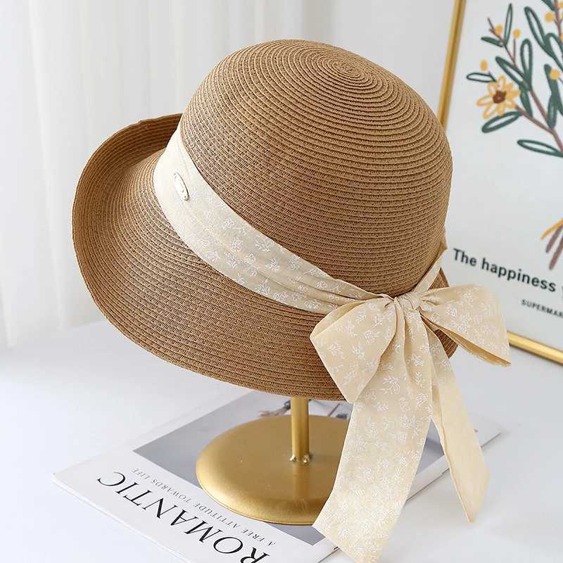Womens Knitted Straw Fisherman Hat with Bow Ribbon Wide Brim Sun Hat Breathable UV Protection for Beach Wedding Travel Foldable W250602