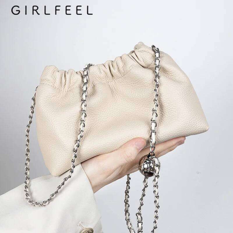 First Layer Cowhide Cloud Dumpling New Niche Design Small Ball Chain Shoulder Fashion Women's Crossbody Bag 5