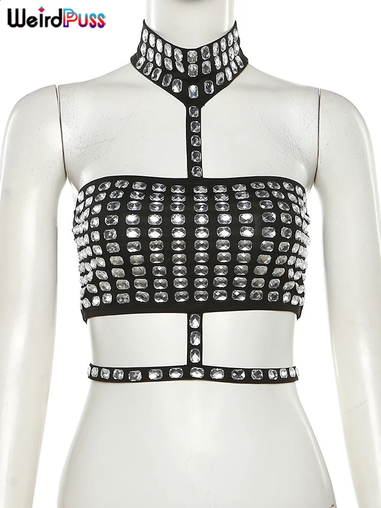 Weird Puss Sexy Tank Tops Women Glitter Rhinestone Midnight Backless Sleeveless Chic Skinny Wild Clubwear Party Necklace Vest 250529