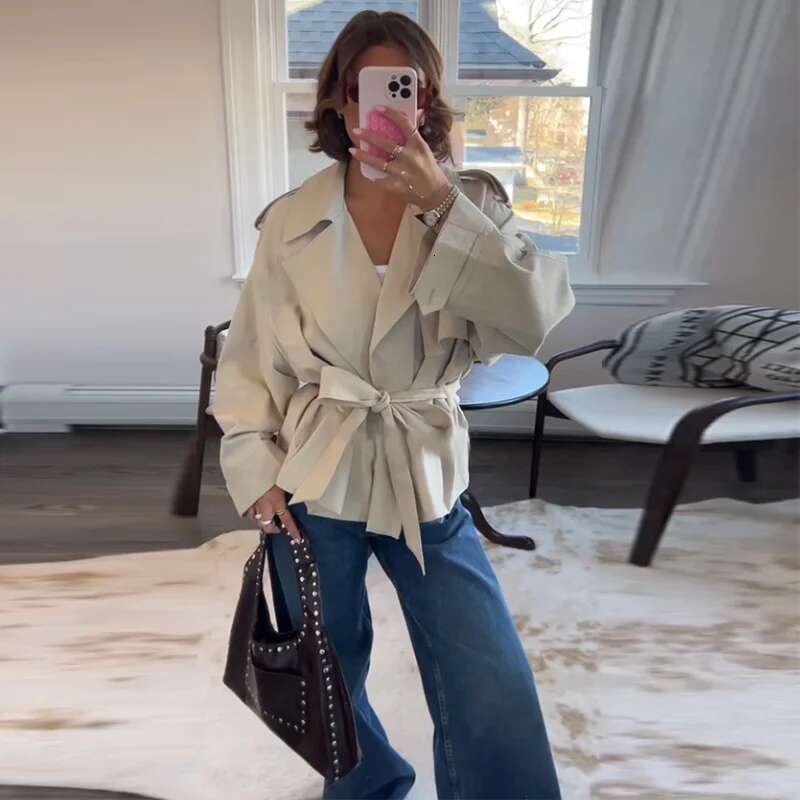 Casual Women's Bomber Jacket Chic Lace Up Lapel Collar Full Sleeve Female Coat Spring New Office Lady Outerwear Commuting