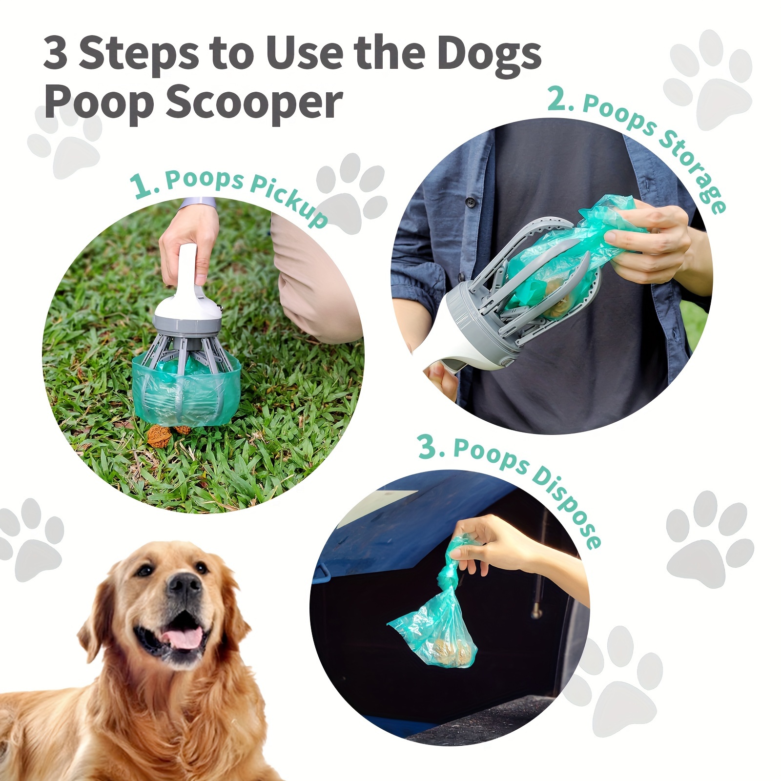 Dog Pooper Scooper, Portable 2-in-1 No Touch Scooper for Small Medium Large Dogs, Claw Wide 6.2'' Dog Waste Pick-up Cleaner with 75PCS Bag A